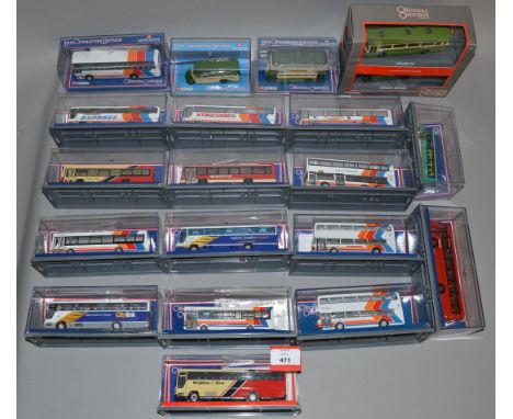 Twenty boxed diecast bus and coach models in 1:76 scale from the Corgi Original Omnibus range. Models appear G+/VG in general