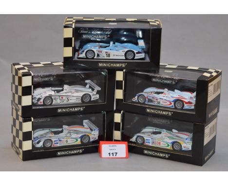 Minichamps. Five Audi R8 diecast model cars in 1:43 scale. All of the models are limited editions, boxed and E. (5)