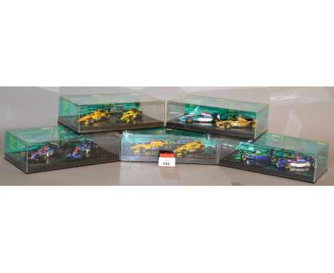 Minichamps. Five boxed 'Jordan Anniversary Sets', 1-5, each containing two diecast model F1 Racing Cars in 1:43 scale, all ap