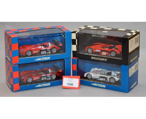 Minichamps.  A Minichamps 400 028822 Panoz LMP 1 and three 'Action Components Inc' Panoz LMP Roadster diecast model cars in 1