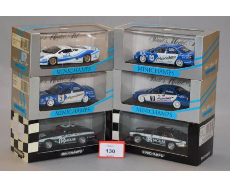 Minichamps. Three Ford Mondeo diecast model cars in 1:43 scale, together with three Jaguar models, two XJ-S and an XJ220 Raci