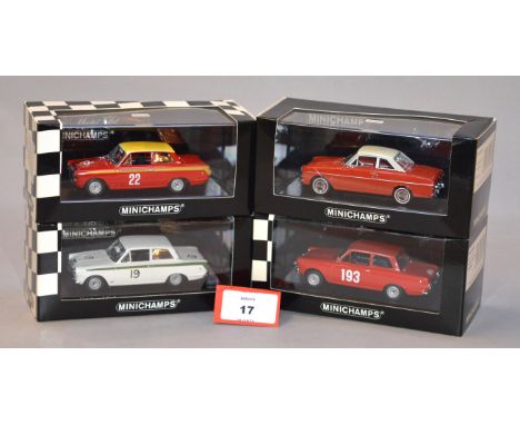 Minichamps. Four Ford diecast model cars in 1:43 scale including a Ford Cortina Mk I 1963 Monte Carlo Rally, two 1964 Mk I Lo