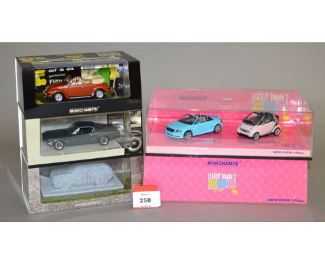 Minichamps. Four diecast models in 1:43 scale, a 'Bullitt' Ford Mustang, an 'Angie & Guido' VW Berlin 18.05.2001 and a VW Gol