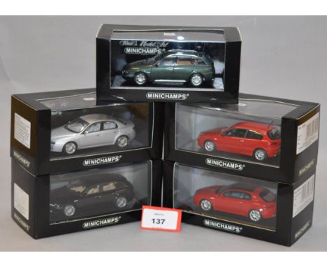 Minichamps. Five Alfa diecast model cars in 1:43 scale, including 147, Brera, Crosswagon, 159 and 159 Sportswagon variants. A