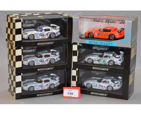 Minichamps. Five Dodge Viper GTS-R diecast model cars in 1:43 scale together with a Dodge Viper Le Mans 1994 R. Arnoux.  All 