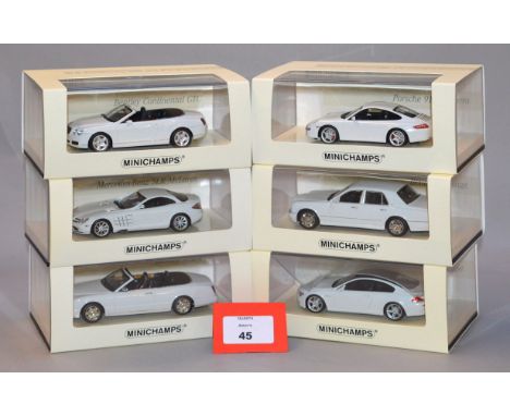 Minichamps. Six Linea Blanco 1:43 scale diecast model cars: No.1 436 063021 Porsche Carrera 2004; No.2 436 139031 Bentley Con