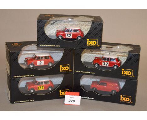 Five IXO Mini diecast models in 1:43 scale including BMC and Morris Cooper S variants together with a 1965 Mini Van in 'Royal