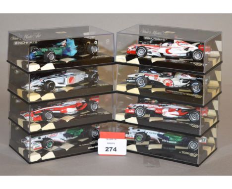 Minichamps. Eight Honda diecast model Racing Cars in 1:43 scale including one limited edition model, a Honda RA108 2008 Turki