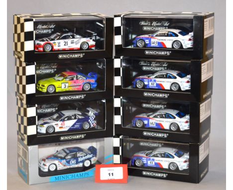 Minichamps. Eight BMW M3 GTR diecast model race cars in 1:43 scale including cars from Daytona 24h 2004, ADAC GT Cup 1993 and