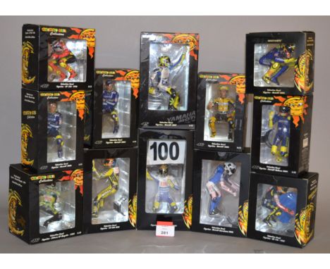 Minichamps. Thirteen figurines from the Valentino Rossi Collection in 1:12 scale including 250ccm GP Mugello 1999. All of the