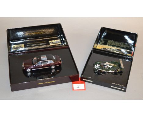 Minichamps. Two Bentley diecast model cars in 1:43 scale, a 2002 EXP Speed 8 and a State Limousine. Both are boxed and E. (2)