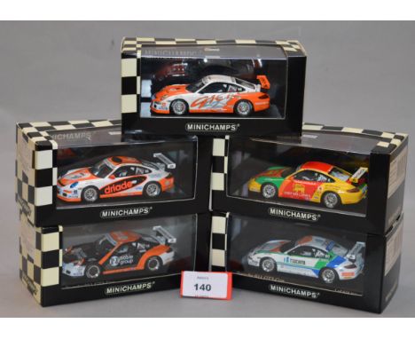 Minichamps. Five Porsche 911 GT3 Cup diecast model cars in 1:43 scale. All of the models are limited editions with four being