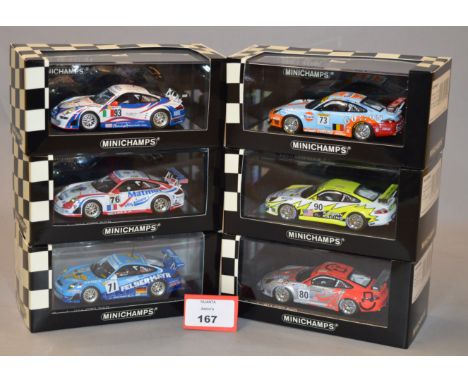 Minichamps. Six Porsche 911 GT3 RSR diecast model cars in 1:43 scale. All of the models are limited editions, boxed and E. (6