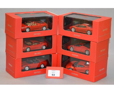 Six boxed IXO diecast model Ferrari cars in 1:43 scale including Ferrari 550 Barchetta 2000, Ferrari 360 variants - GTC, Mode