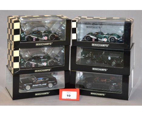 Minichamps. Six Bentley diecast model cars in 1:43 scale including three Bentley Speed 8 cars, all limited edition models, a 