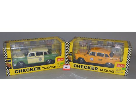 Two Sun Star 1:18 scale Checker Taxicabs: 1981 Chicago Checker Cab; 1981 Los Angeles Checker Cab. Boxed and VG. (2)