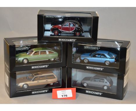 Minichamps. Three Citroen diecast model cars in 1:43 scale including a 2CV Charleston, a CX and a CX Break together with a Re