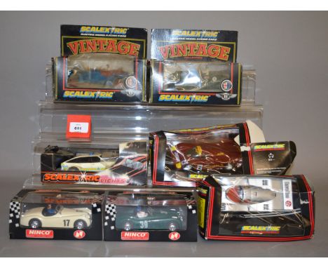 2 x Scalextric VINTAGE SERIES cars Alfa and Bentley, together 3 other Scalextric examples and 2 x Ninco Slot-Cars Boxes poor 