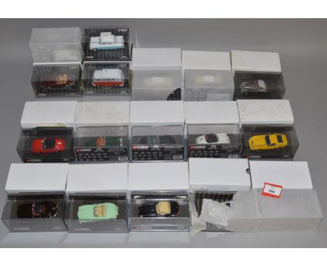 15 x Corgi Classics 1:43 scale diecast models, including Porsche and Volkswagen. VG in perspex boxes.