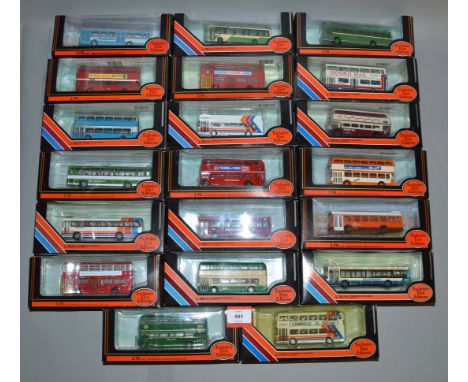 Twenty boxed diecast bus and coach models in 1:76 scale by EFE. Models appear G+/VG in boxed ranging from F to G+. (20)