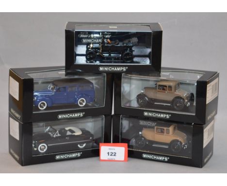 Minichamps. Five Ford diecast model cars in 1:43 scale including Model A, T and FL Cabriolet variants together with a Deluxe 