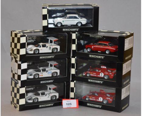 Minichamps. Four Alfa Romeo diecast model cars in 1:43 scale including GTA 1300 Junior and 33 TT 12 variants together with th