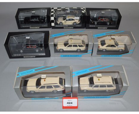 Eight Minichamps 1:43 scale diecast taxi models: 430 032296; 430 033596; 430 032195; 3820; two 400 051195; 430 033196; 400 03