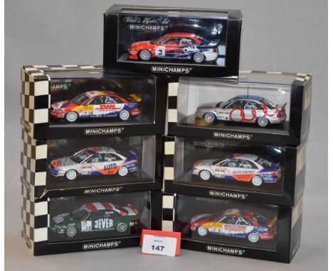 Minichamps. Seven Audi A4 diecast model cars in 1:43 scale, including two STW 1997, two STW 1998, STW 1999, AKZ/ROC T Vidali 
