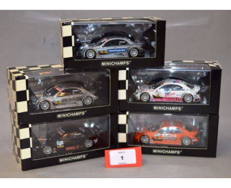 Minichamps. Five 1:43 scale Mercedes C-Class DTM diecast model cars: 400 063608 Team AMG-Mercedes M. Hakkinen; 400 063609 Tea