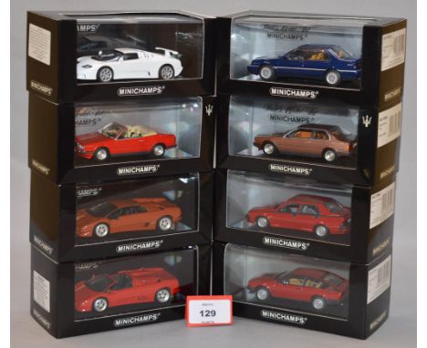 Minichamps. Eight diecast model cars in 1:43 scale, various types  including Bugatti, Maserati, Alfa and Lamborghini. All of 