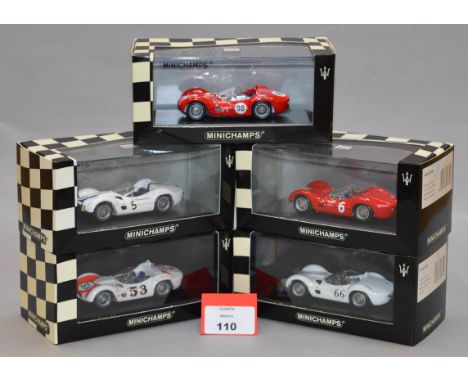 Minichamps. Five Maserati Tipo 61 diecast model cars in 1:43 scale. All of the models are limited editions, boxed and E . (5)