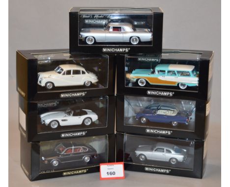 Minichamps. Seven diecast model cars in 1:43 scale, BMW 501, BMW 507, VW 411 LE, lincoln Continental Mk III, Edsel Bermuda, A