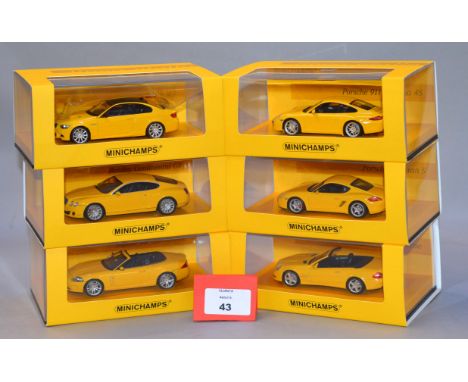 Minichamps. Six diecast models in 1:43 scale  from the 'Linea Giallo Collection', models 1 to 6,  including Jaguar, Mercedes 