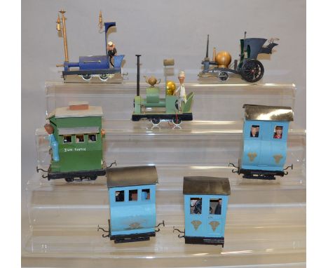 OO gauge. Three unboxed kit/scratch built locomotives with four coaches and figures, possibly modelled in the style of Rowlan