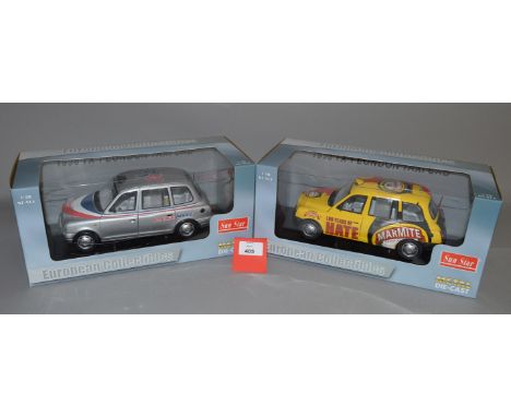 Two Sun Star 1:18 scale diecast model taxis: #1122 1998 TX 1 London Taxi Cab 'American Airlines'; #1123 1998 TX 1 London Taxi