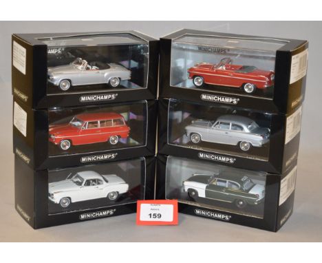Minichamps. Six Borgward Isabella diecast model cars in 1:43 scale including a Coupe version. All of the models are limited e