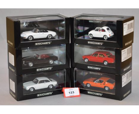 Minichamps. Five Alfa Romeo diecast model cars in 1:43 scale including Spider Giulia Sprint, Alfetta and Montreal variants to