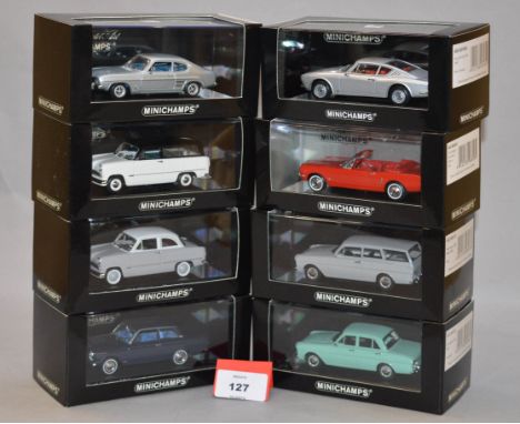 Minichamps. Eight Ford diecast model cars in 1:43 scale, including Capri Taunus, Mustang and Cortina variants. All of the mod