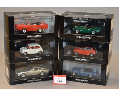 Minichamps. Six diecast model cars in 1:43 scale, Amphicar, Morris Mini 850 Mk I, Aston Martin DBS, Triumph Spitfire Mk IV, M