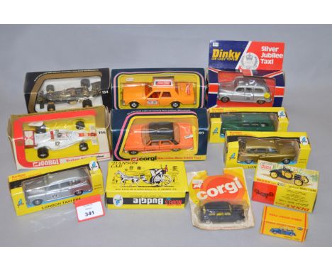 Twelve boxed/carded diecast models by Corgi, Dinky and Budgie Toys including a Dublo Dinky 067 Taxi model, a Dinky 109 'Gabri