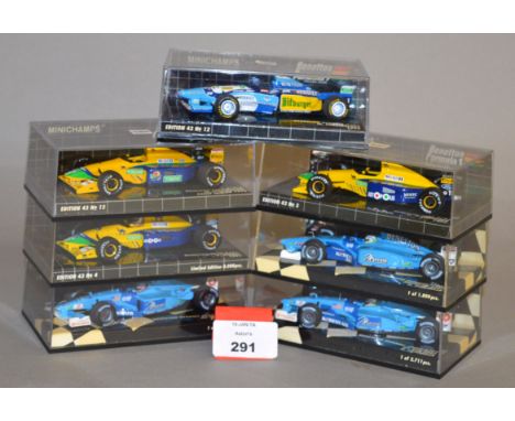 Minichamps. Seven Benetton diecast model Racing Cars in 1:43 scale including Ford and Renault variants. Four of the models ar