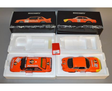 Minichamps. Two diecast model cars in 1:18 scale, 180 922020 BMW M3 K. Gardner DTM 1992  and 100 721283 Alfa Romeo GTA 1300 J