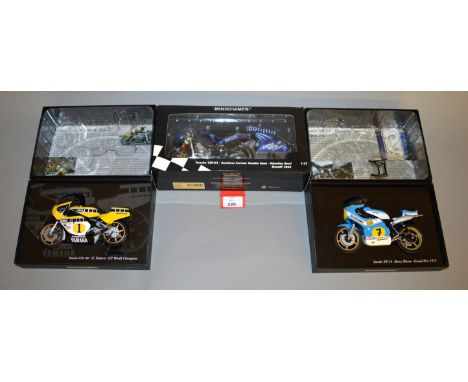 Minichamps. Three diecast Motorbike models in 1:12 scale, a Yamaha YZR-M1 Gauloises Fortuna Yamaha Team Valentino Rossi Moto 