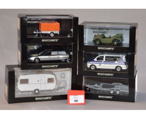 Minichamps. Six diecast model cars in 1:43 scale including a Porsche 597 'Jagdwagen', a VW T5 Multivan, a Citroen CX Break, a