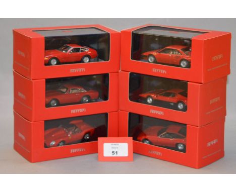 Six boxed IXO diecast model Ferrari cars in 1:43 scale including 250, 250GT, 365 GTB/4 and GTC/4 and 512BB variants together 