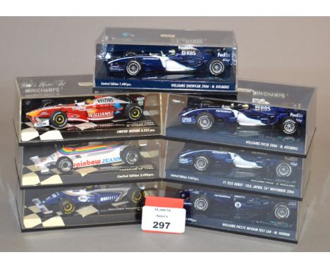 Minichamps. Seven Williams diecast model Racing Cars in 1:43 scale including FW16, FW27C and FW 28 variants. All are boxed an