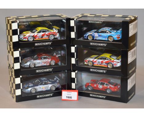 Minichamps. Five Porsche 911 GT3 RSR diecast model cars in 1:43 scale together with a Porsche Carrera RSR 2.8 model. All of t