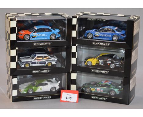 Minichamps. Six diecast model cars in 1:43 scale, including two Mercedes Benz C-Class DTM, BMW M1 and M3, a Ford Escort II RS
