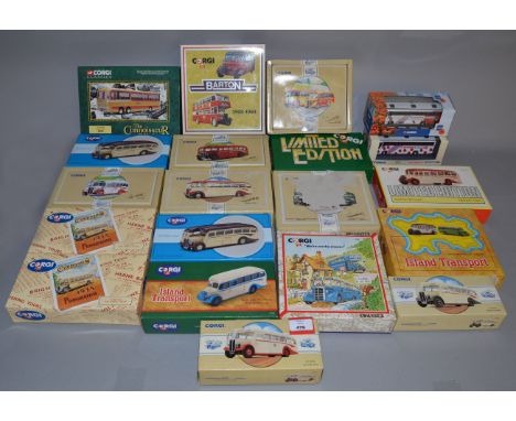 20 x Corgi diecast model buses and coaches, including Connoisseur Collection, Timpsons, Island Transport, etc. Boxed and appe