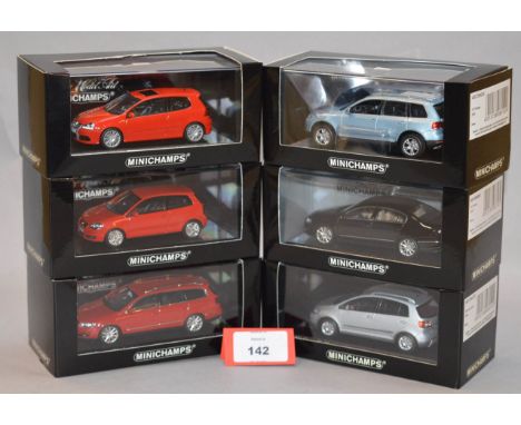 Minichamps. Six VW diecast model cars in 1:43 scale, including Golf R32, Polo, Passat Variant, Touareg, Passat and CrossGolf 